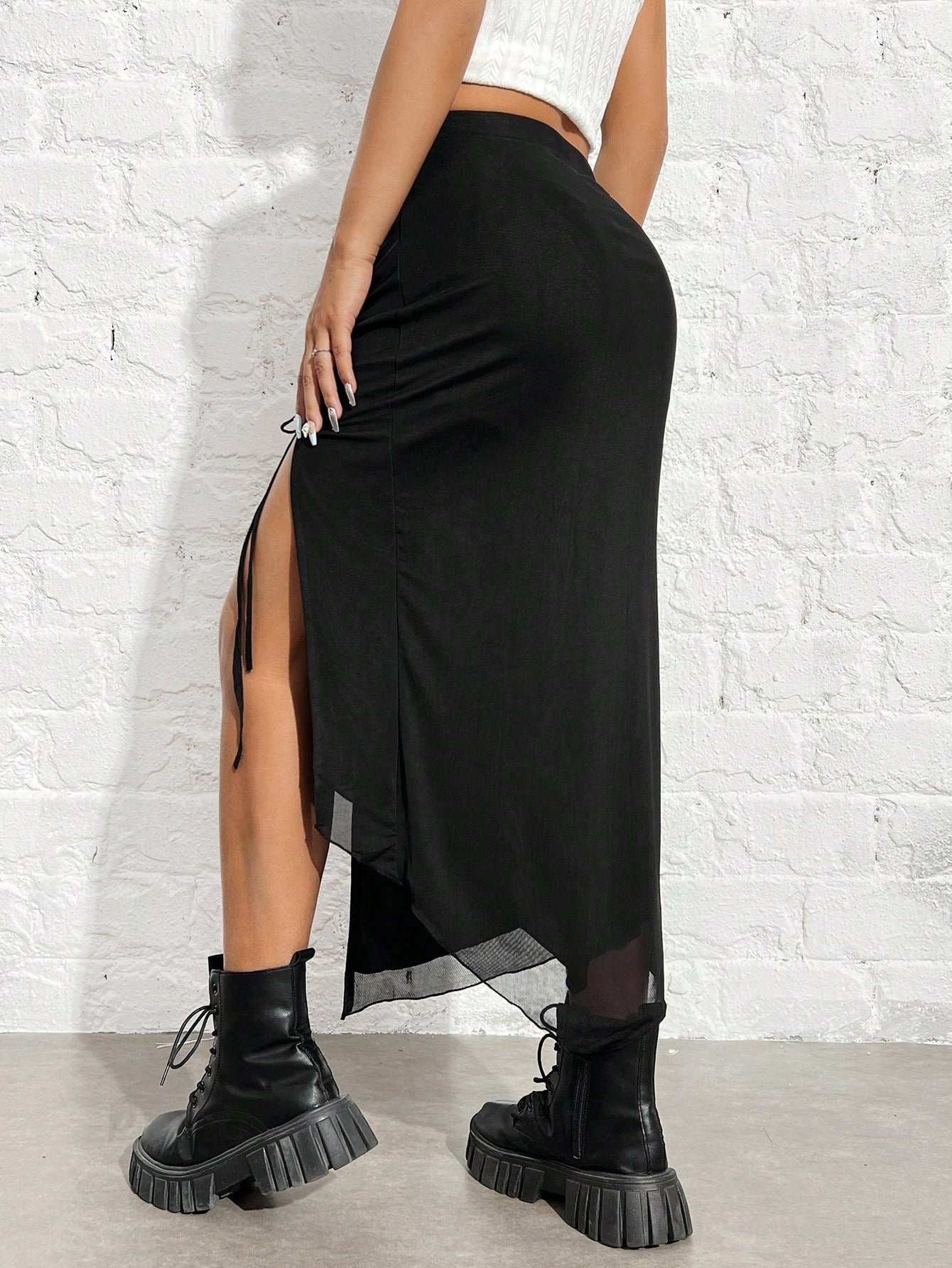 EZwear Women's Black Knitted Drawstring High-Slit Bodycon Skirt