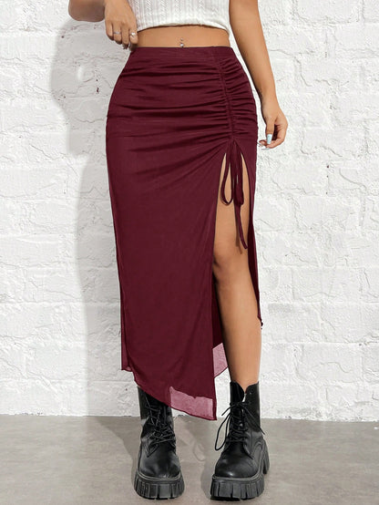 EZwear Women's Black Knitted Drawstring High-Slit Bodycon Skirt