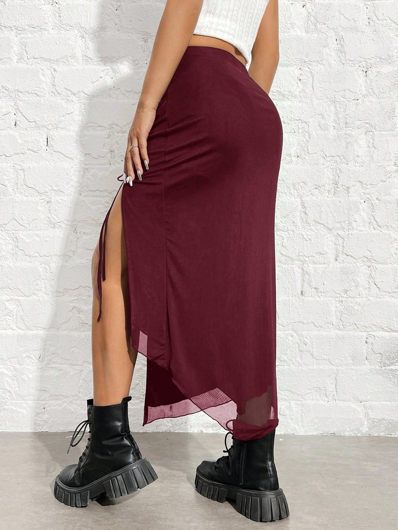 EZwear Women's Black Knitted Drawstring High-Slit Bodycon Skirt