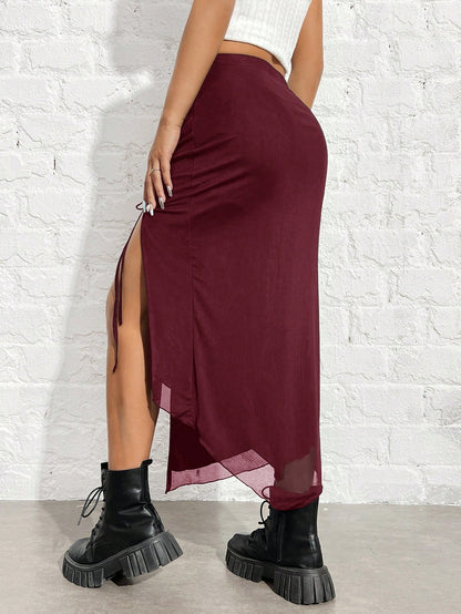 EZwear Women's Black Knitted Drawstring High-Slit Bodycon Skirt