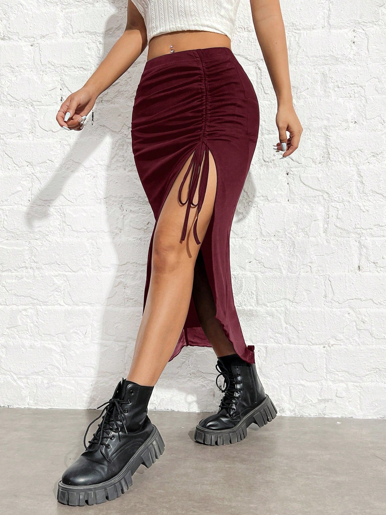 EZwear Women's Black Knitted Drawstring High-Slit Bodycon Skirt