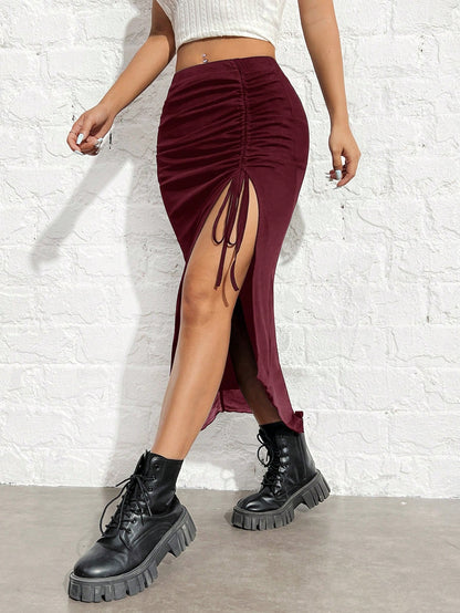 EZwear Women's Black Knitted Drawstring High-Slit Bodycon Skirt