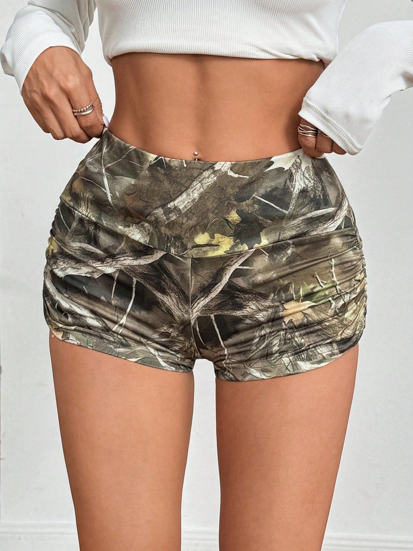 EZwear Women's Tree Branch Print Knitted Super Short Cycling Shorts Gym Workout Green Summer Athleisure Athletic
