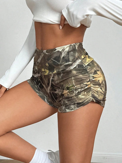 EZwear Women's Tree Branch Print Knitted Super Short Cycling Shorts Gym Workout Green Summer Athleisure Athletic