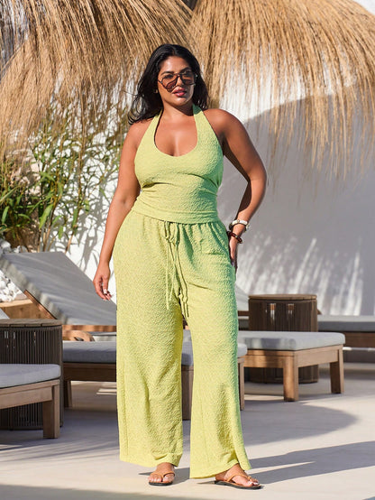 FASHION SZN Plus Size Women 2 Pcs Set Summer Holiday Co Ord Halterneck Top And Wide Leg Trouser Set Casual Beach Wear City Dress Summer Holiday Vacation Outfit Travel Ibiza Boho Festival Matching Set