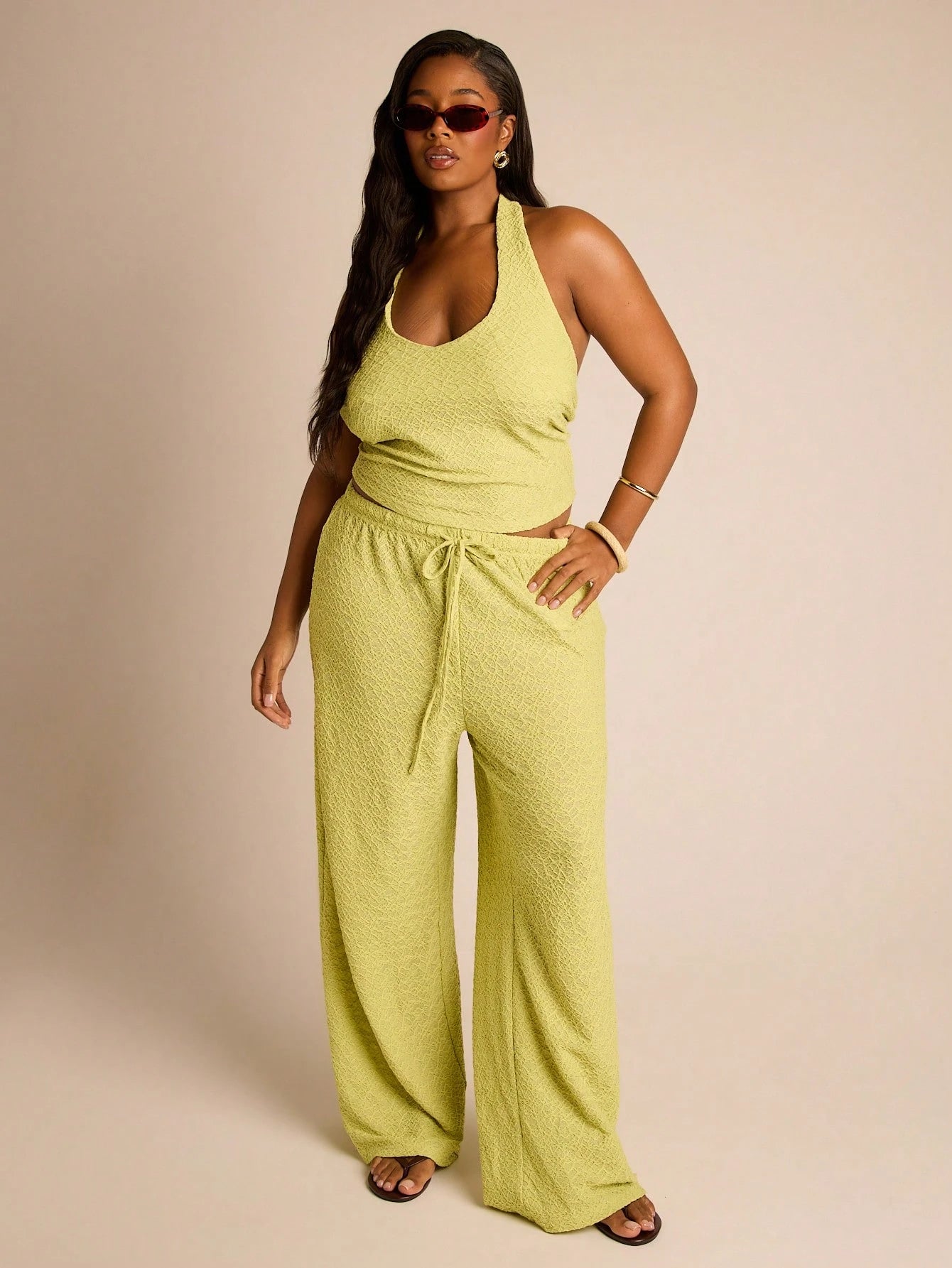 FASHION SZN Plus Size Women 2 Pcs Set Summer Holiday Co Ord Halterneck Top And Wide Leg Trouser Set Casual Beach Wear City Dress Summer Holiday Vacation Outfit Travel Ibiza Boho Festival Matching Set