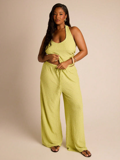 FASHION SZN Plus Size Women 2 Pcs Set Summer Holiday Co Ord Halterneck Top And Wide Leg Trouser Set Casual Beach Wear City Dress Summer Holiday Vacation Outfit Travel Ibiza Boho Festival Matching Set
