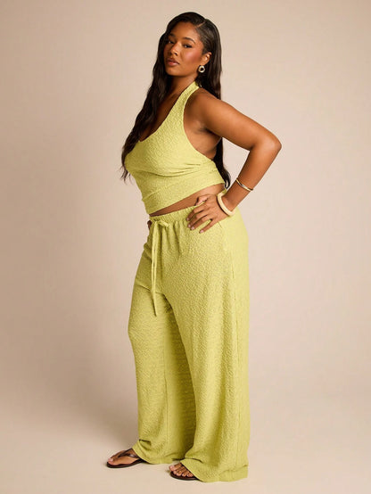 FASHION SZN Plus Size Women 2 Pcs Set Summer Holiday Co Ord Halterneck Top And Wide Leg Trouser Set Casual Beach Wear City Dress Summer Holiday Vacation Outfit Travel Ibiza Boho Festival Matching Set