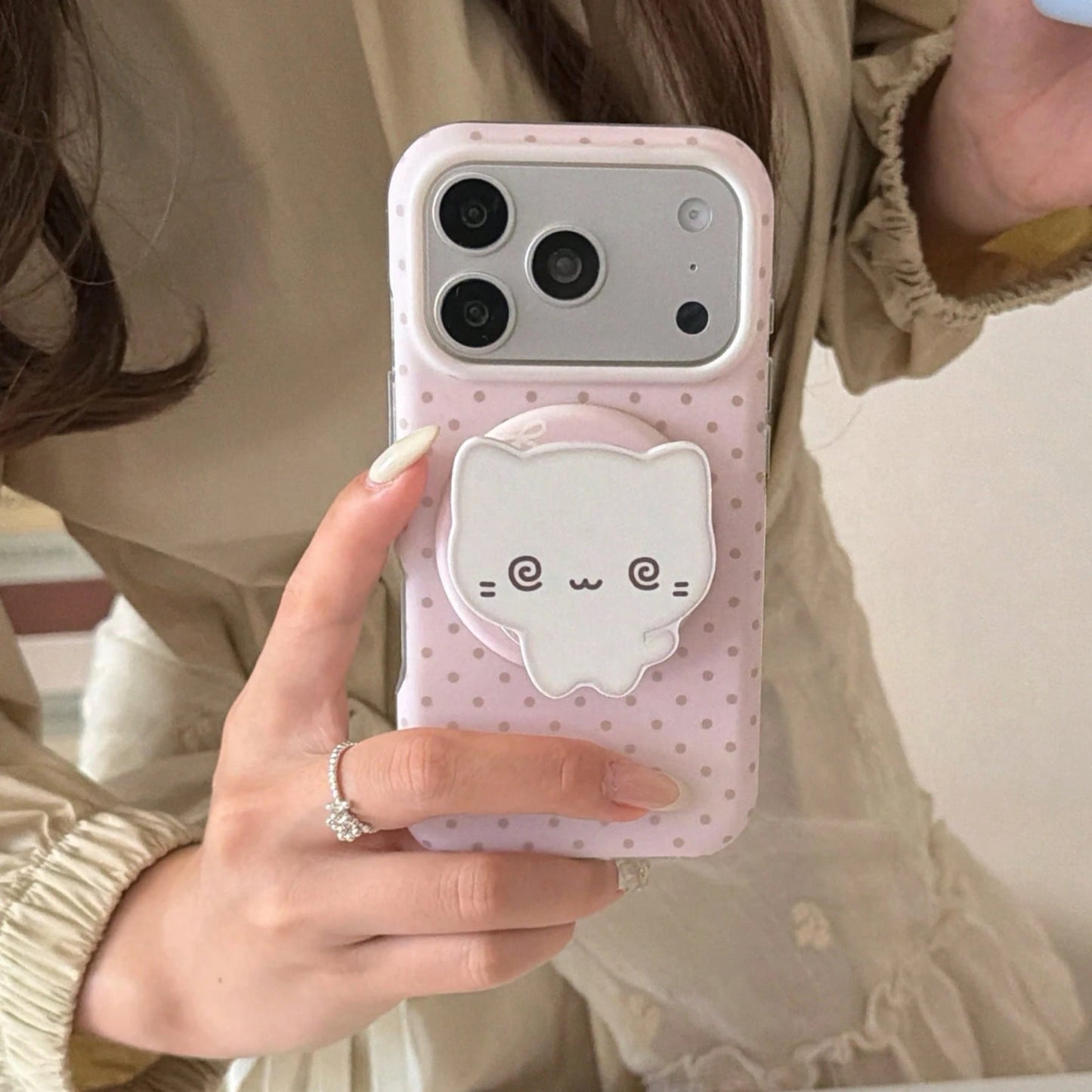 Fashionable Creative Magnetic Polka Dot + Kitten Stand Phone Case Suitable For IPhone 17 Pro Max, 16 Pro Max, Cute For Girls, Stylish For IPhone 15 Pro, 14, 13