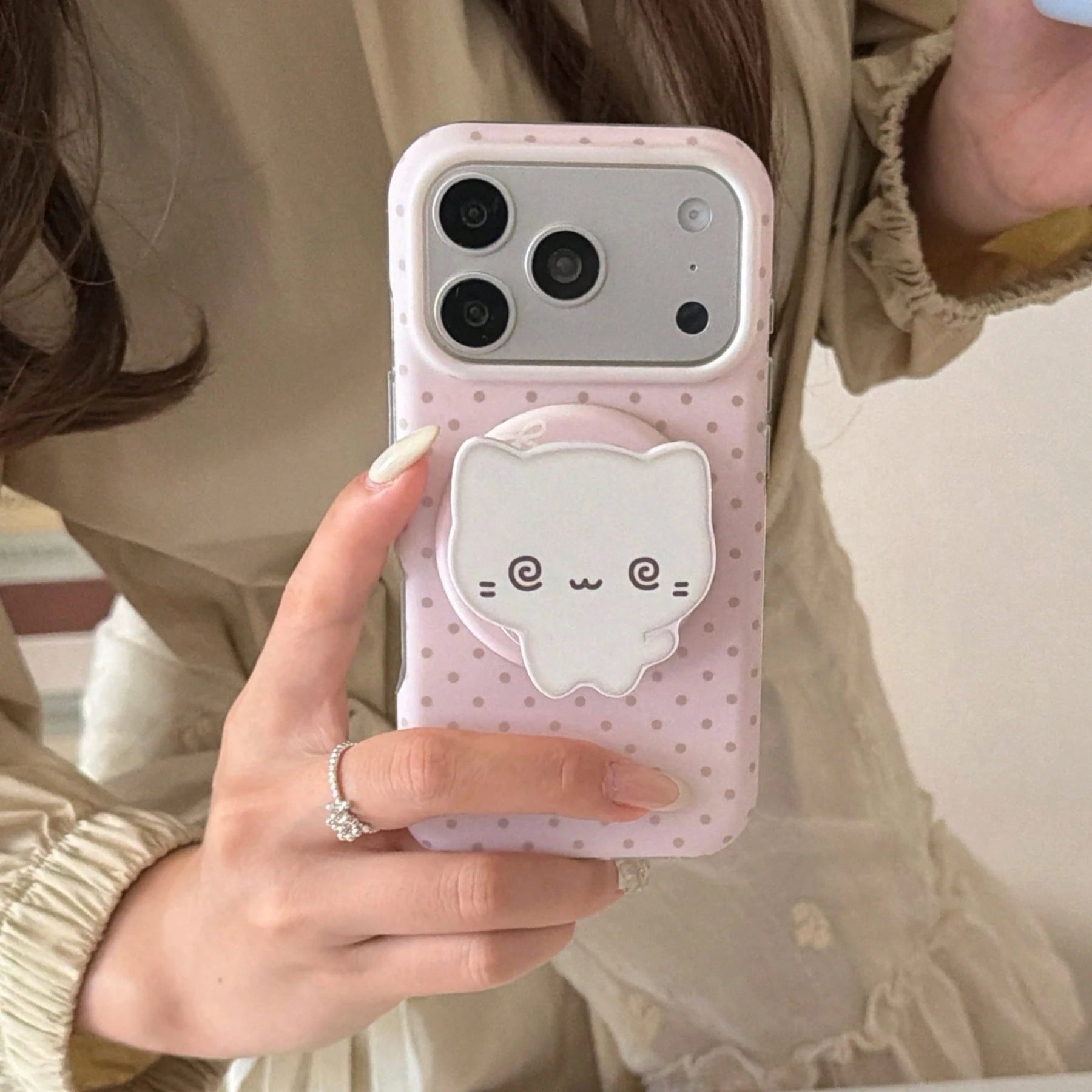 Fashionable Creative Magnetic Polka Dot + Kitten Stand Phone Case Suitable For IPhone 17 Pro Max, 16 Pro Max, Cute For Girls, Stylish For IPhone 15 Pro, 14, 13