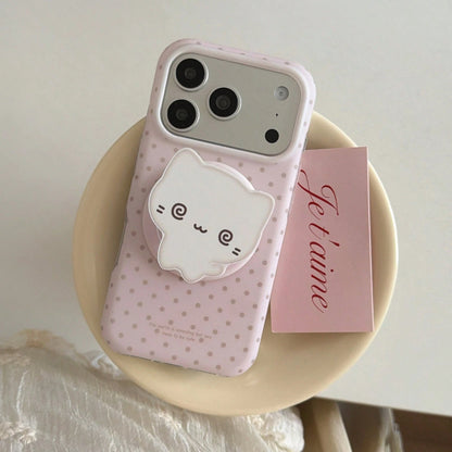 Fashionable Creative Magnetic Polka Dot + Kitten Stand Phone Case Suitable For IPhone 17 Pro Max, 16 Pro Max, Cute For Girls, Stylish For IPhone 15 Pro, 14, 13