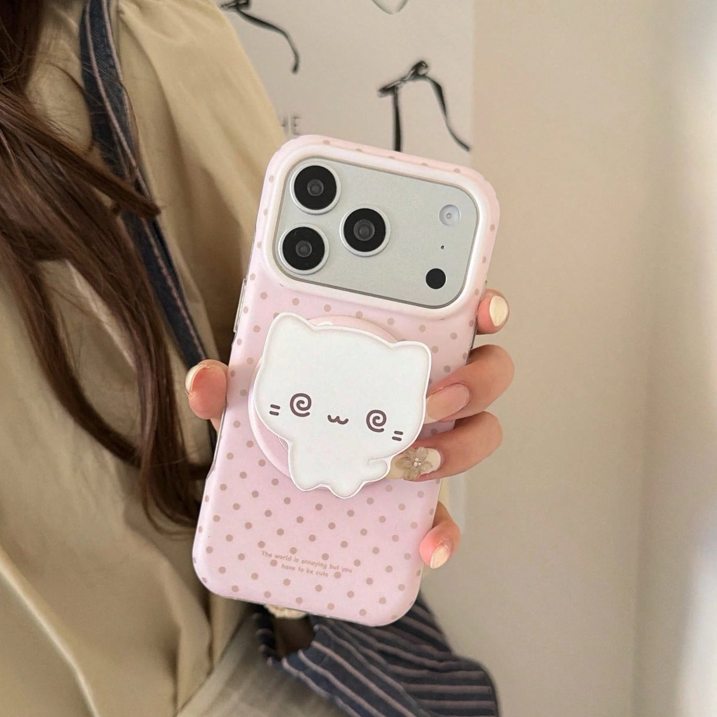 Fashionable Creative Magnetic Polka Dot + Kitten Stand Phone Case Suitable For IPhone 17 Pro Max, 16 Pro Max, Cute For Girls, Stylish For IPhone 15 Pro, 14, 13