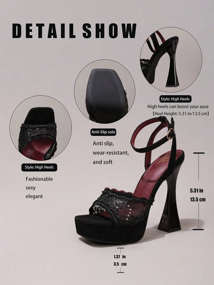Fashionable Lace Embroidered Black High Heel Sandals, Open Toe Square Heel Wedge Slippers, High Platform Heels For Women, Sexy Party Shoes