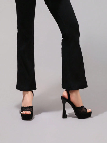 Fashionable Lace Embroidered Black High Heel Sandals, Open Toe Square Heel Wedge Slippers, High Platform Heels For Women, Sexy Party Shoes