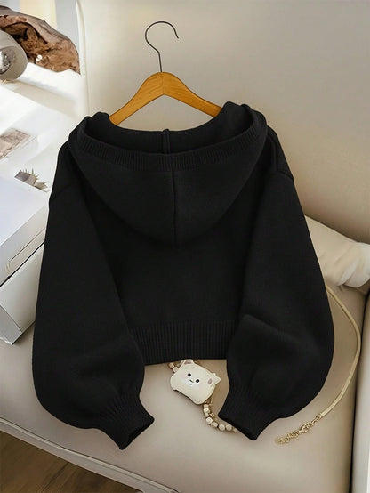 Fashionable Plain Black Hooded Knit Cardigan, Autumn Casual Sunday Back-To-School Button-Up Hoodie, Short Cropped Sweater Jacket For Tween Girl