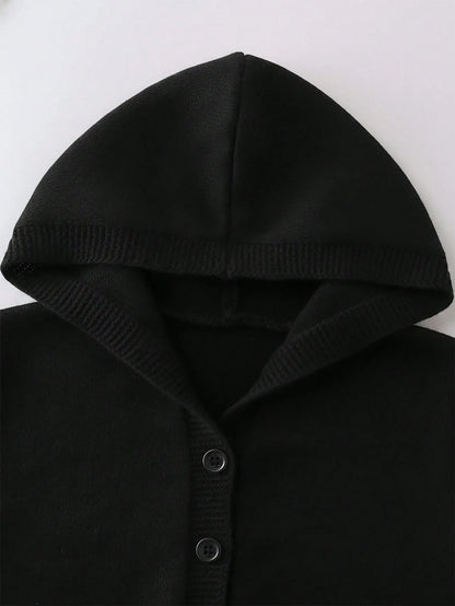 Fashionable Plain Black Hooded Knit Cardigan, Autumn Casual Sunday Back-To-School Button-Up Hoodie, Short Cropped Sweater Jacket For Tween Girl