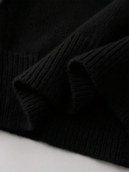 Fashionable Plain Black Hooded Knit Cardigan, Autumn Casual Sunday Back-To-School Button-Up Hoodie, Short Cropped Sweater Jacket For Tween Girl