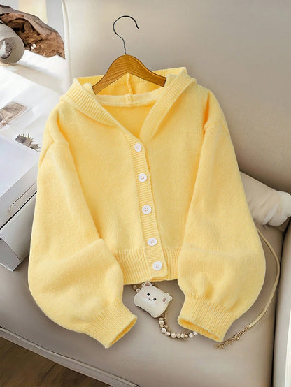 Fashionable Plain Black Hooded Knit Cardigan, Autumn Casual Sunday Back-To-School Button-Up Hoodie, Short Cropped Sweater Jacket For Tween Girl