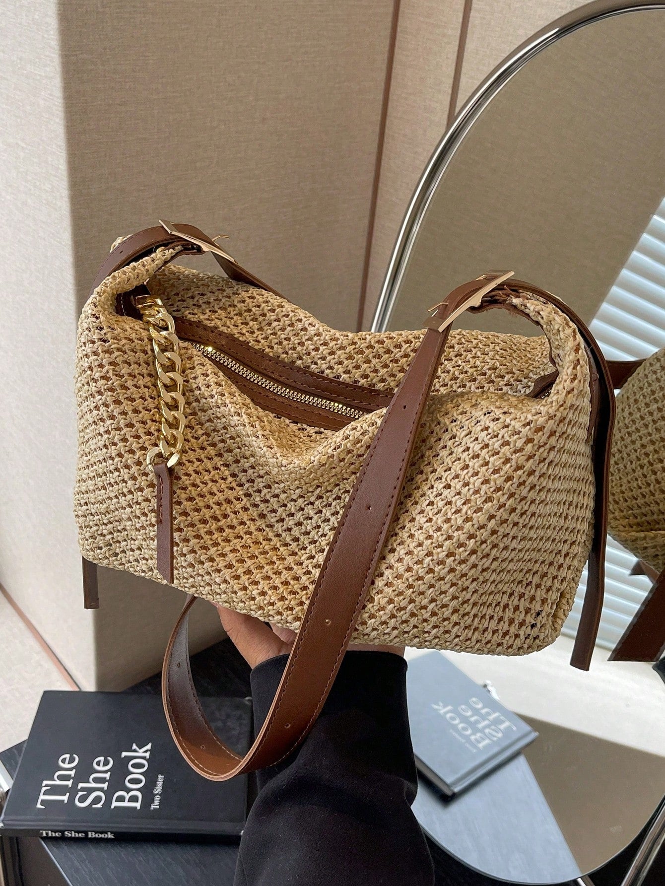 Fashionable Summer Khaki Straw Bag, Minimalist Retro Chain Zipper Shoulder Dumpling Bag