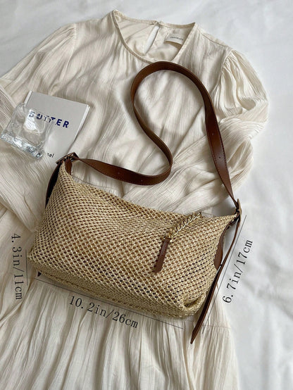 Fashionable Summer Khaki Straw Bag, Minimalist Retro Chain Zipper Shoulder Dumpling Bag