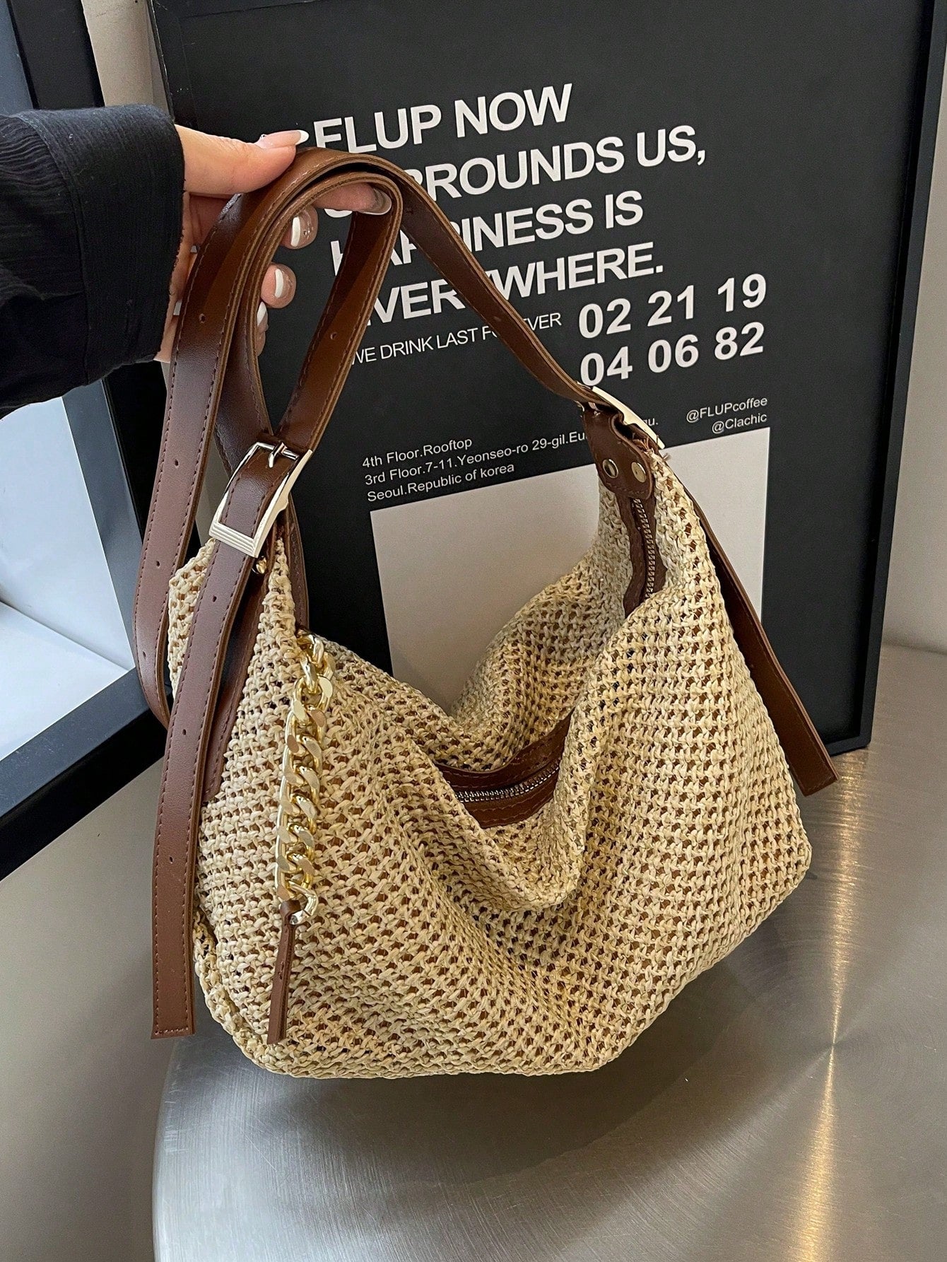 Fashionable Summer Khaki Straw Bag, Minimalist Retro Chain Zipper Shoulder Dumpling Bag