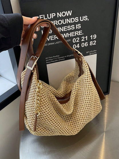 Fashionable Summer Khaki Straw Bag, Minimalist Retro Chain Zipper Shoulder Dumpling Bag