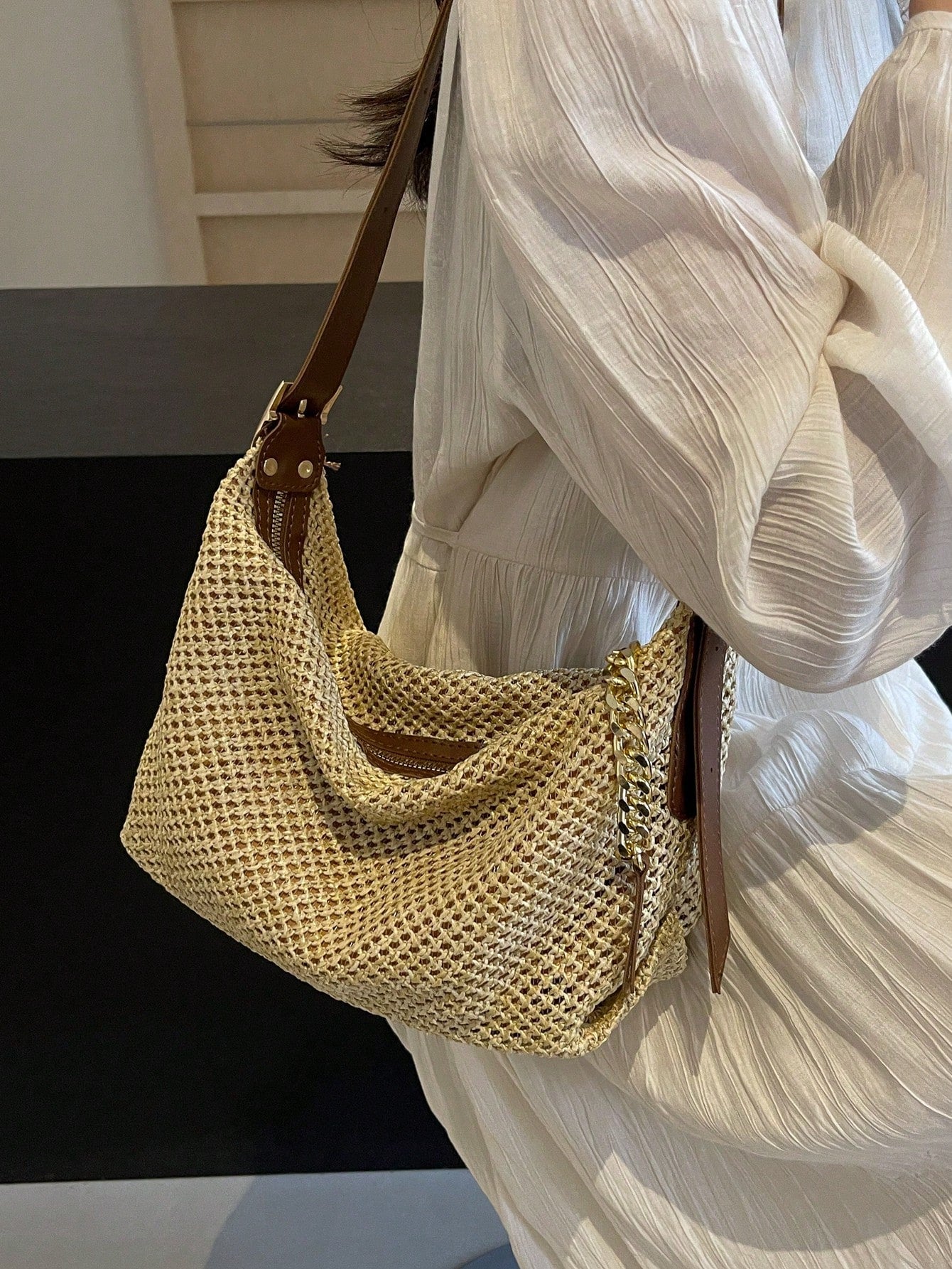 Fashionable Summer Khaki Straw Bag, Minimalist Retro Chain Zipper Shoulder Dumpling Bag