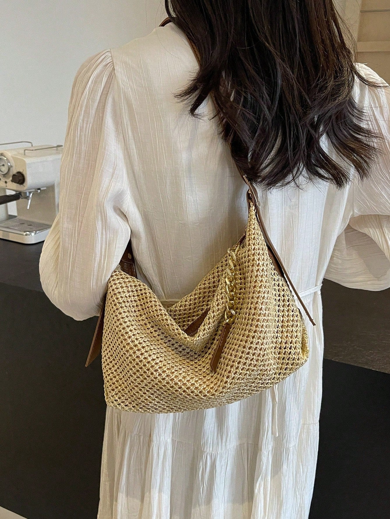 Fashionable Summer Khaki Straw Bag, Minimalist Retro Chain Zipper Shoulder Dumpling Bag