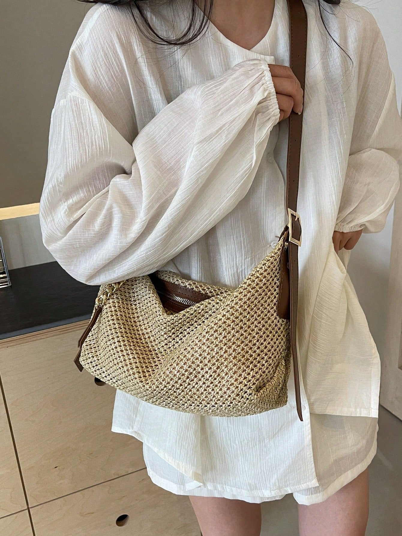 Fashionable Summer Khaki Straw Bag, Minimalist Retro Chain Zipper Shoulder Dumpling Bag