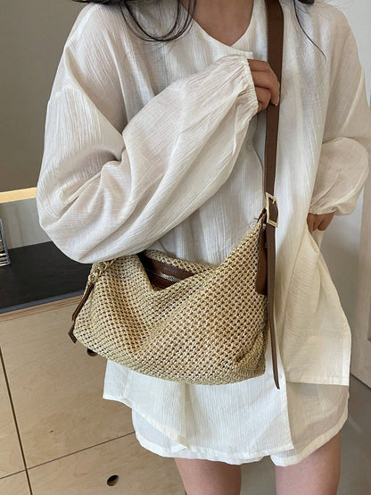 Fashionable Summer Khaki Straw Bag, Minimalist Retro Chain Zipper Shoulder Dumpling Bag