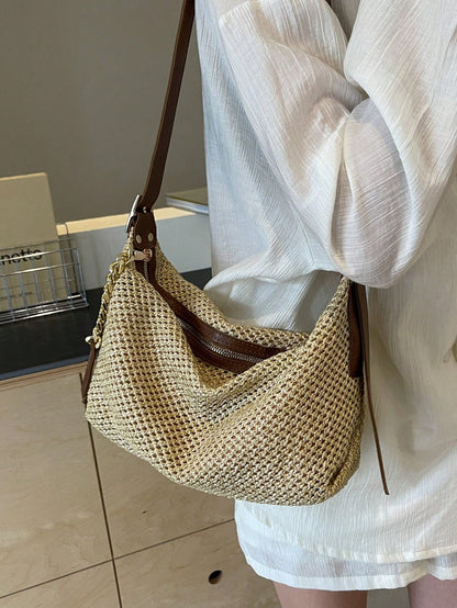 Fashionable Summer Khaki Straw Bag, Minimalist Retro Chain Zipper Shoulder Dumpling Bag
