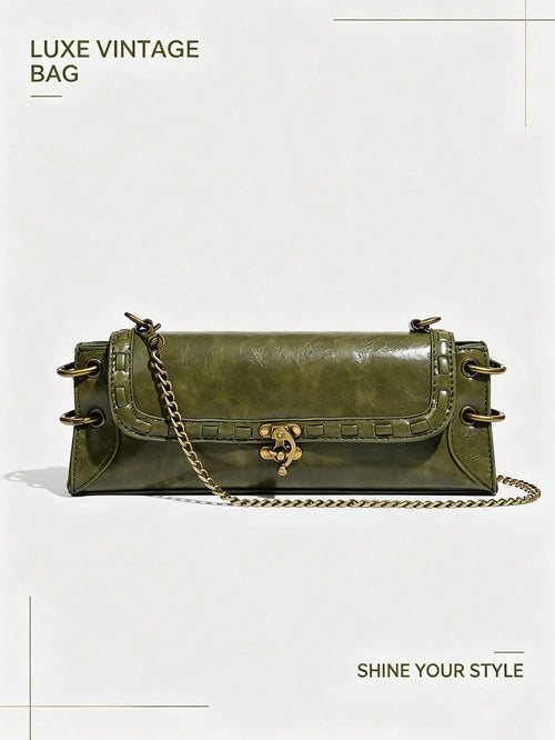 Fashionable Versatile Shoulder Bag,Vintage Olive Green Chain Handbag For Women| Y2K Retro Baguette Bag,Crossbody Bag,Clutch Bag,Bull Bag,Green