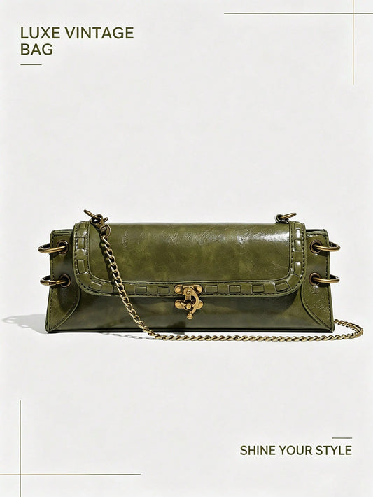 Fashionable Versatile Shoulder Bag,Vintage Olive Green Chain Handbag For Women| Y2K Retro Baguette Bag,Crossbody Bag,Clutch Bag,Bull Bag,Green