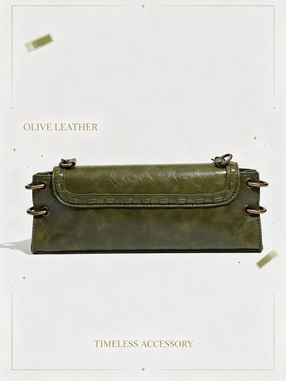 Fashionable Versatile Shoulder Bag,Vintage Olive Green Chain Handbag For Women| Y2K Retro Baguette Bag,Crossbody Bag,Clutch Bag,Bull Bag,Green