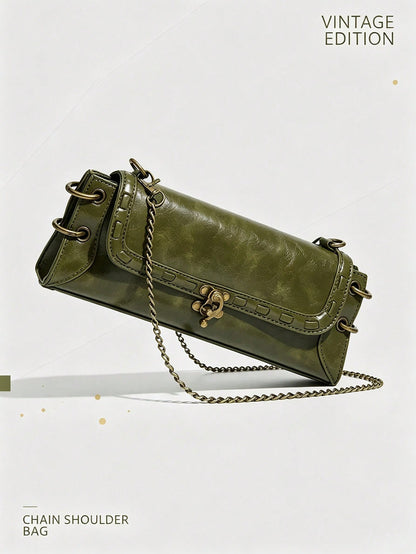 Fashionable Versatile Shoulder Bag,Vintage Olive Green Chain Handbag For Women| Y2K Retro Baguette Bag,Crossbody Bag,Clutch Bag,Bull Bag,Green