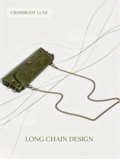 Fashionable Versatile Shoulder Bag,Vintage Olive Green Chain Handbag For Women| Y2K Retro Baguette Bag,Crossbody Bag,Clutch Bag,Bull Bag,Green