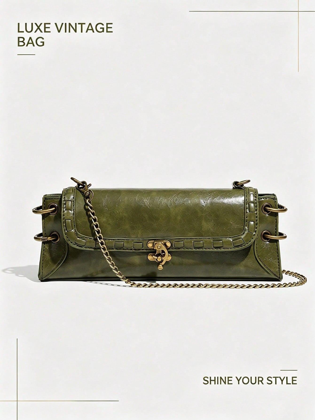 Fashionable Versatile Shoulder Bag,Vintage Olive Green Chain Handbag For Women| Y2K Retro Baguette Bag,Crossbody Bag,Clutch Bag,Bull Bag,Green