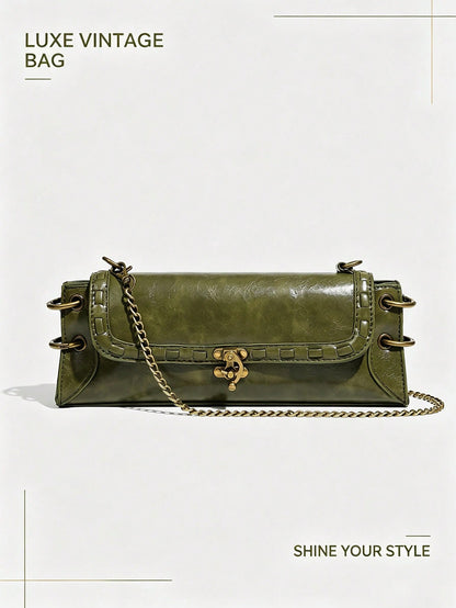 Fashionable Versatile Shoulder Bag,Vintage Olive Green Chain Handbag For Women| Y2K Retro Baguette Bag,Crossbody Bag,Clutch Bag,Bull Bag,Green