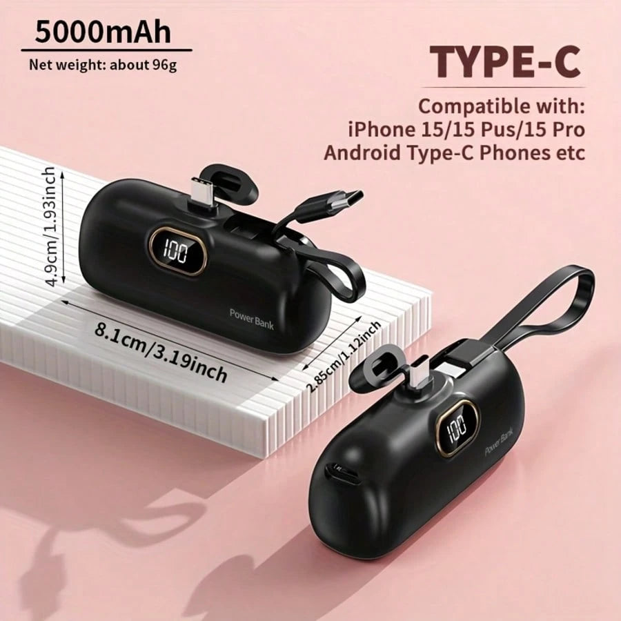 Fast Charging Portable Power Supply Power Bank With Built-In Cable Mini 5000mAh Power Bank, 22.5W Fast-Charging Phone Charger, Built-In Charging Plug And Output Cable, LCD Smart Display, Plug Compatib