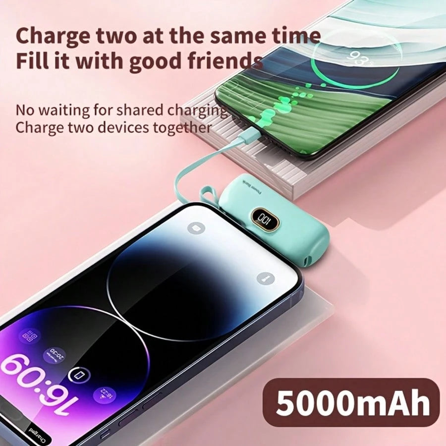 Fast Charging Portable Power Supply Power Bank With Built-In Cable Mini 5000mAh Power Bank, 22.5W Fast-Charging Phone Charger, Built-In Charging Plug And Output Cable, LCD Smart Display, Plug Compatib