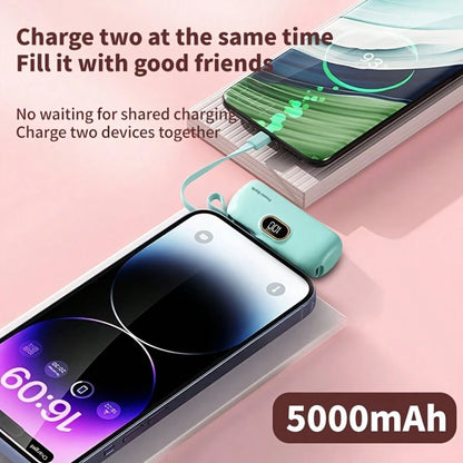 Fast Charging Portable Power Supply Power Bank With Built-In Cable Mini 5000mAh Power Bank, 22.5W Fast-Charging Phone Charger, Built-In Charging Plug And Output Cable, LCD Smart Display, Plug Compatib
