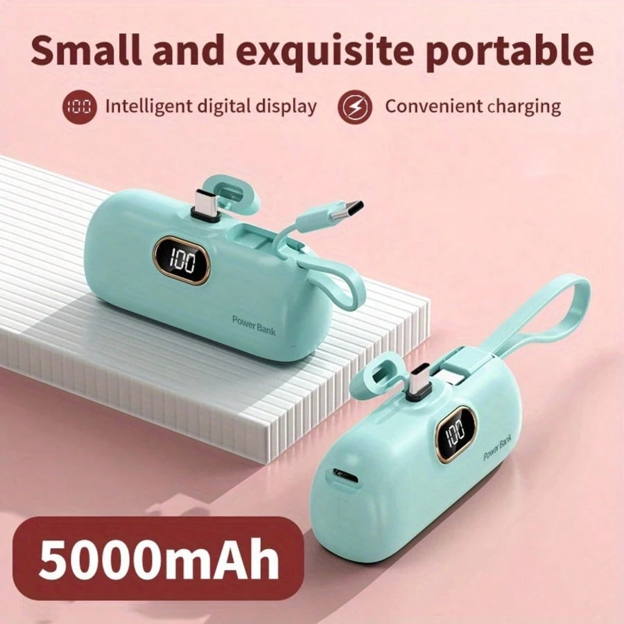 Fast Charging Portable Power Supply Power Bank With Built-In Cable Mini 5000mAh Power Bank, 22.5W Fast-Charging Phone Charger, Built-In Charging Plug And Output Cable, LCD Smart Display, Plug Compatib