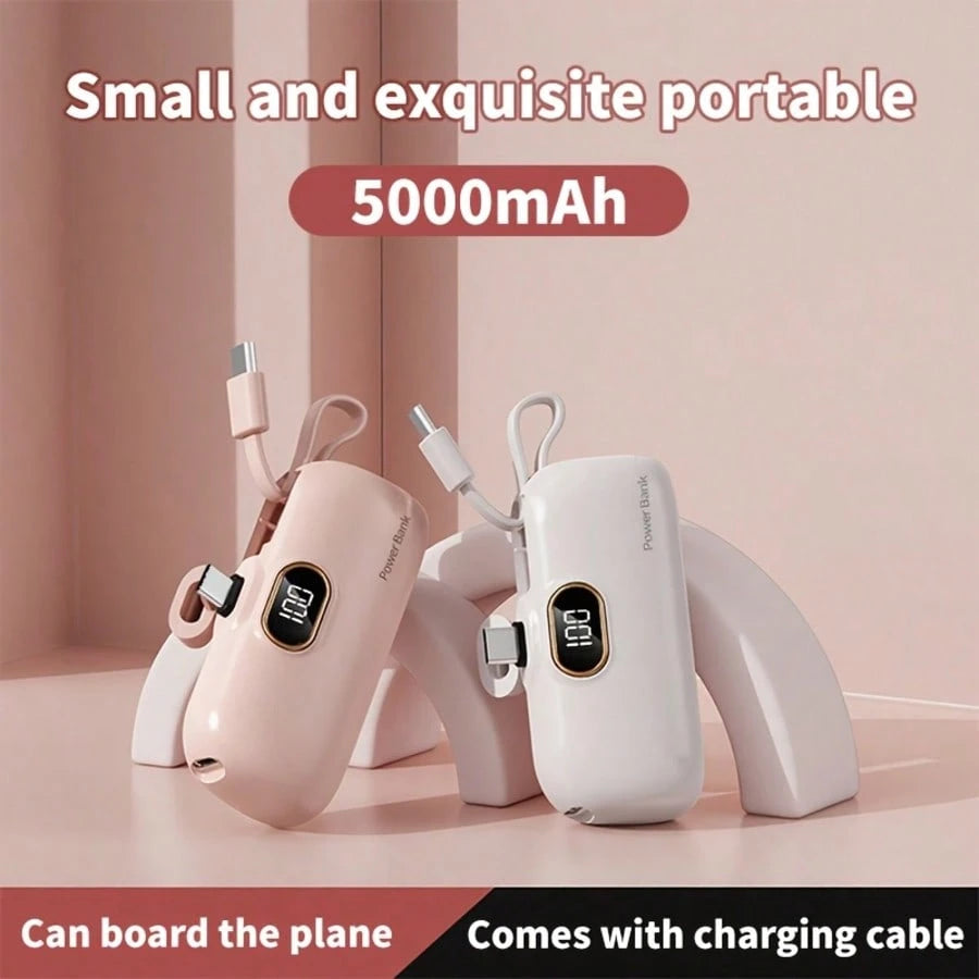 Fast Charging Portable Power Supply Power Bank With Built-In Cable Mini 5000mAh Power Bank, 22.5W Fast-Charging Phone Charger, Built-In Charging Plug And Output Cable, LCD Smart Display, Plug Compatib