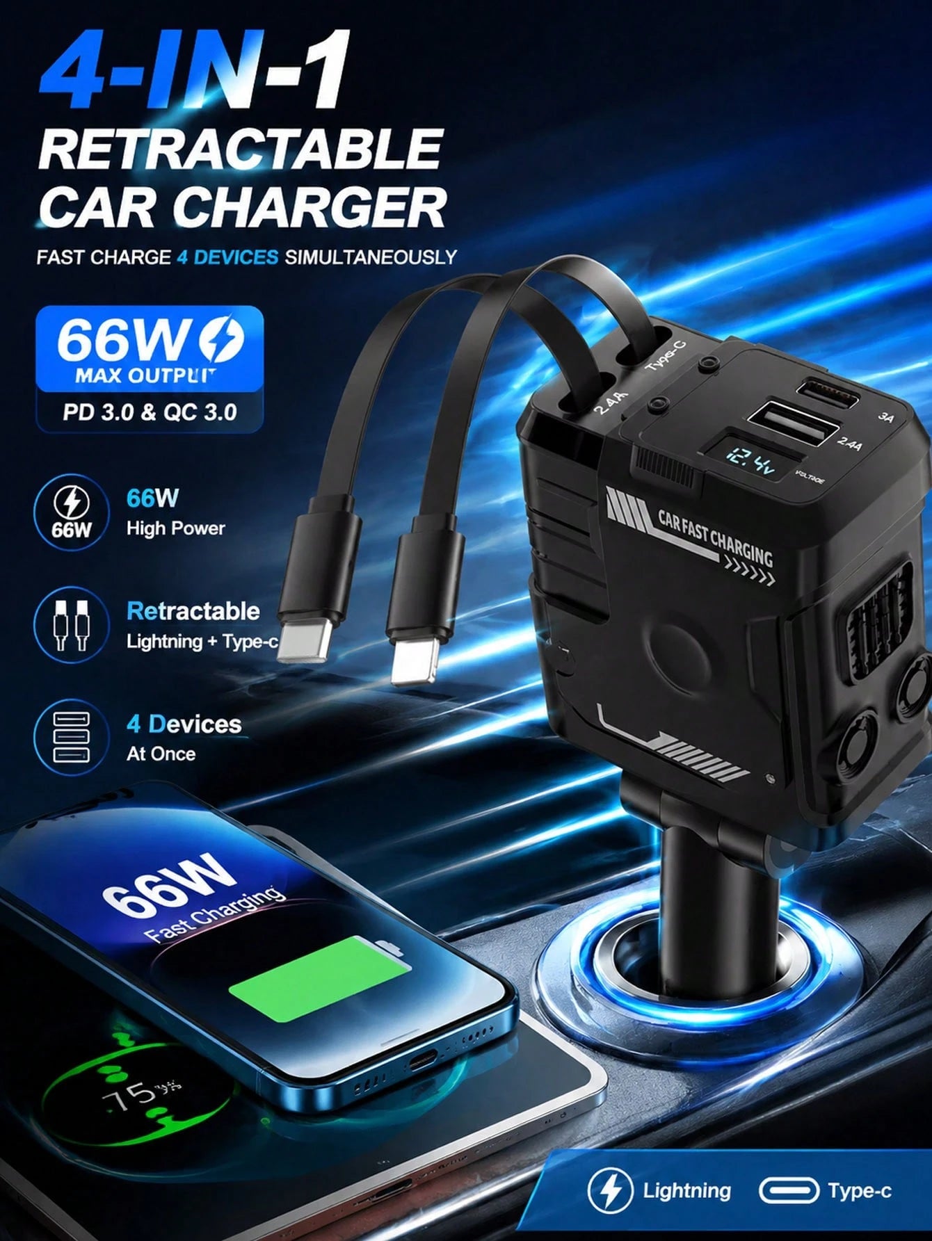 Fast Charging Retractable Car Charger, 66W 4-In-1 Car Phone Charger, Dual Retractable Cables, USB & Type-C Charging Adapter, Compatible With IPhone And Android, Essential Car Accessory, Gift For Men A