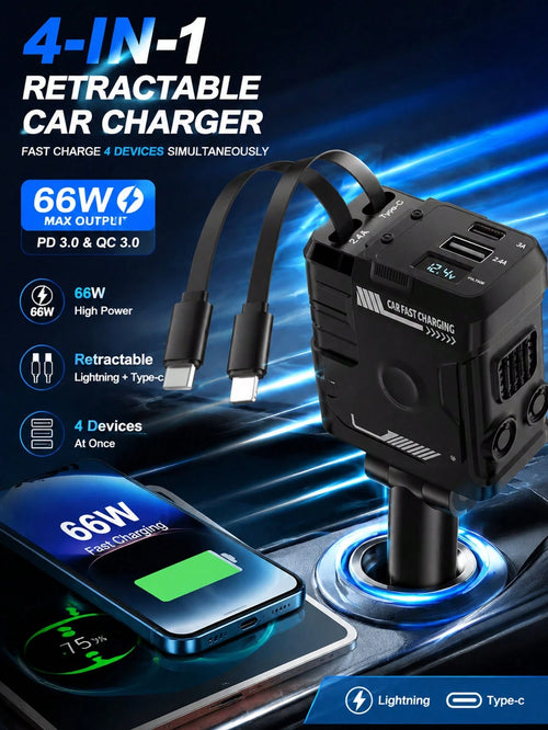Fast Charging Retractable Car Charger, 66W 4-In-1 Car Phone Charger, Dual Retractable Cables, USB & Type-C Charging Adapter, Compatible With IPhone And Android, Essential Car Accessory, Gift For Men A