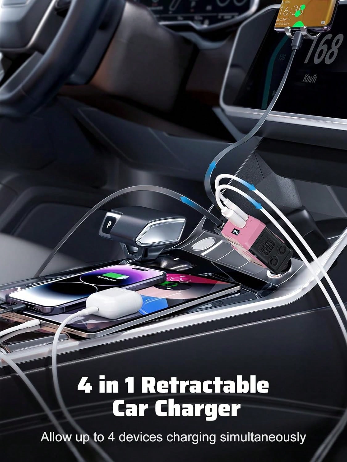 Fast Charging Retractable Car Charger, 66W 4-In-1 Car Phone Charger, Dual Retractable Cables, USB & Type-C Charging Adapter, Compatible With IPhone And Android, Essential Car Accessory, Gift For Men A