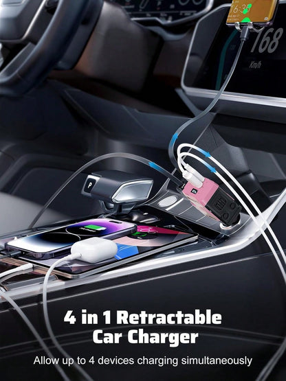 Fast Charging Retractable Car Charger, 66W 4-In-1 Car Phone Charger, Dual Retractable Cables, USB & Type-C Charging Adapter, Compatible With IPhone And Android, Essential Car Accessory, Gift For Men A