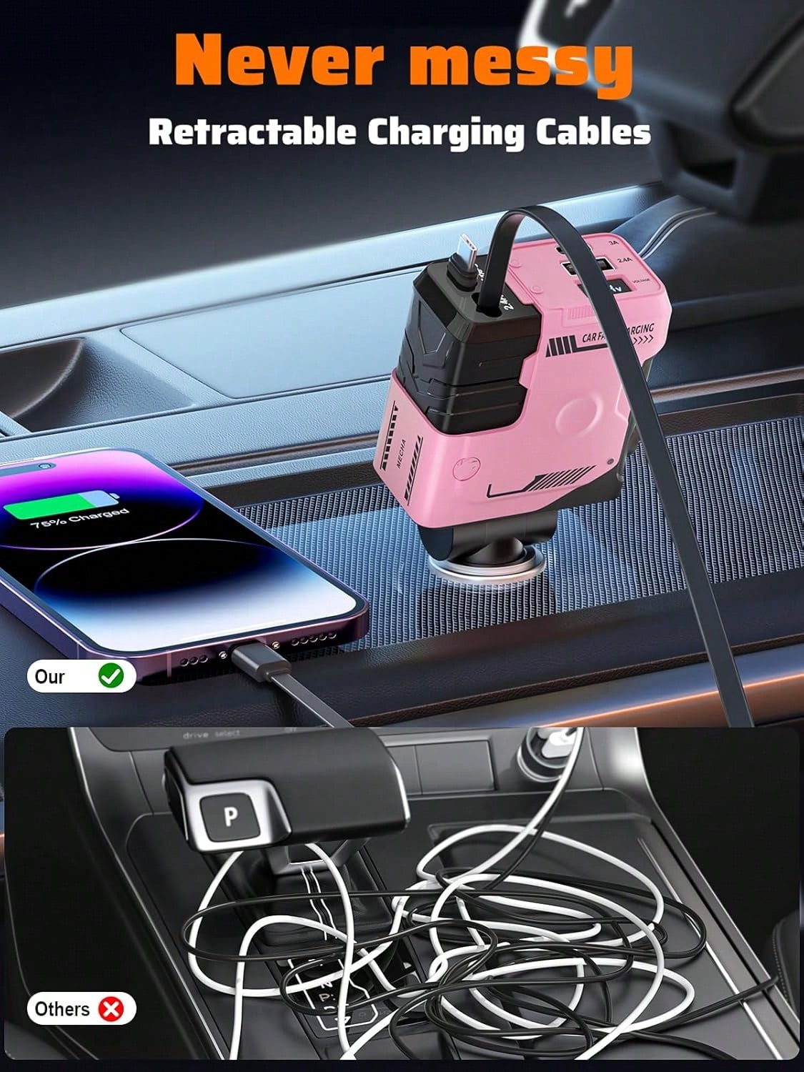 Fast Charging Retractable Car Charger, 66W 4-In-1 Car Phone Charger, Dual Retractable Cables, USB & Type-C Charging Adapter, Compatible With IPhone And Android, Essential Car Accessory, Gift For Men A