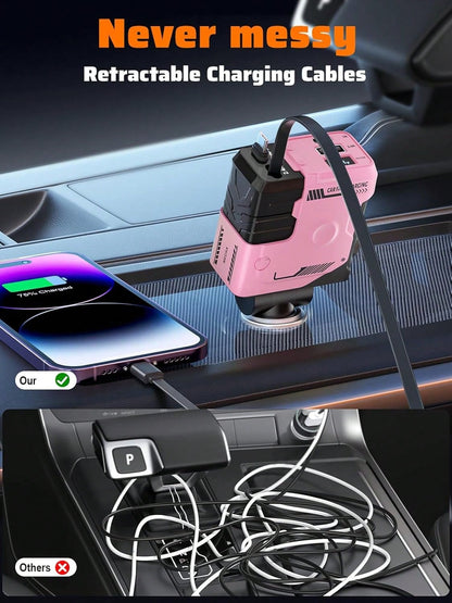 Fast Charging Retractable Car Charger, 66W 4-In-1 Car Phone Charger, Dual Retractable Cables, USB & Type-C Charging Adapter, Compatible With IPhone And Android, Essential Car Accessory, Gift For Men A