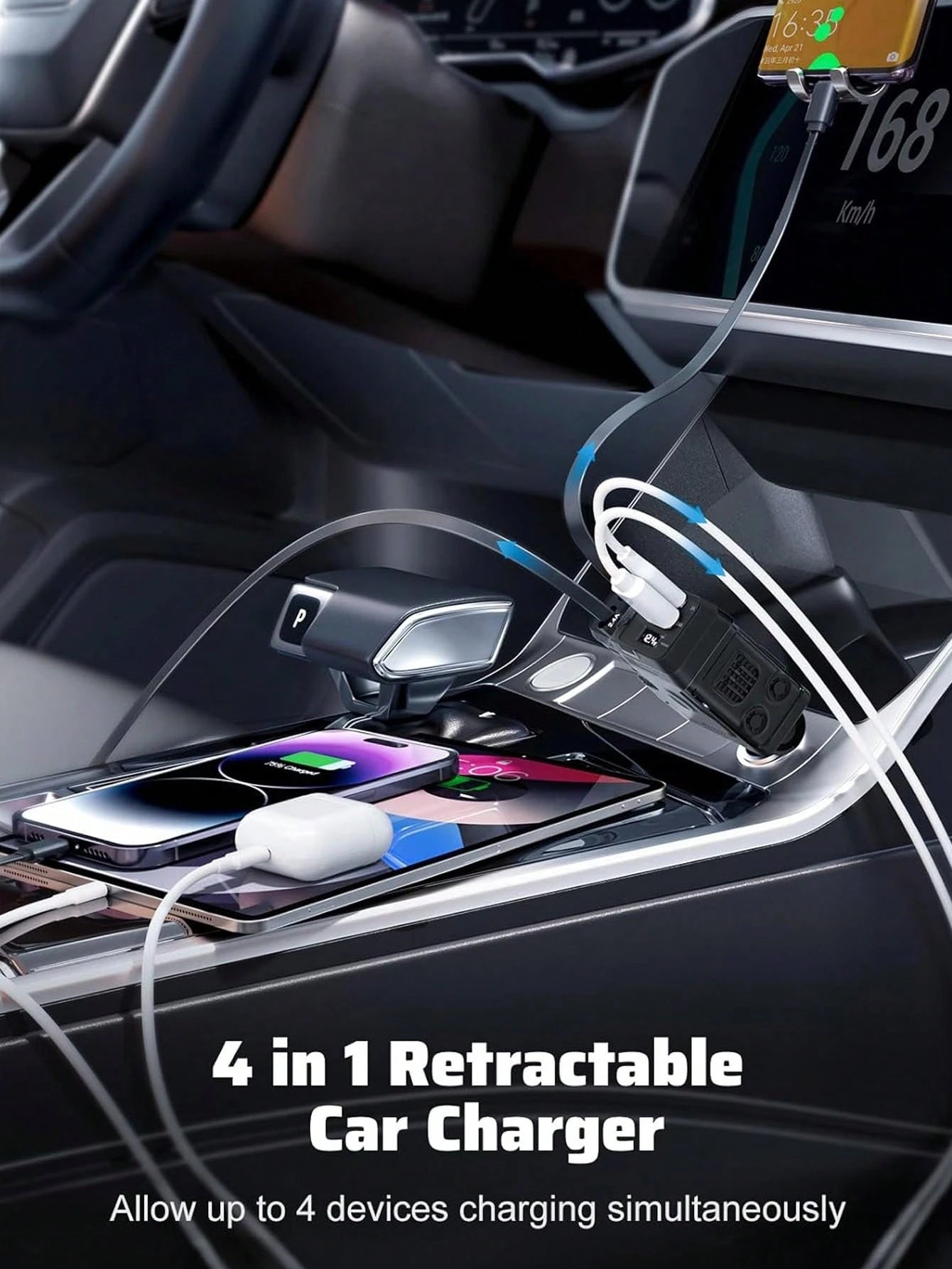 Fast Charging Retractable Car Charger, 66W 4-In-1 Car Phone Charger, Dual Retractable Cables, USB & Type-C Charging Adapter, Compatible With IPhone And Android, Essential Car Accessory, Gift For Men A